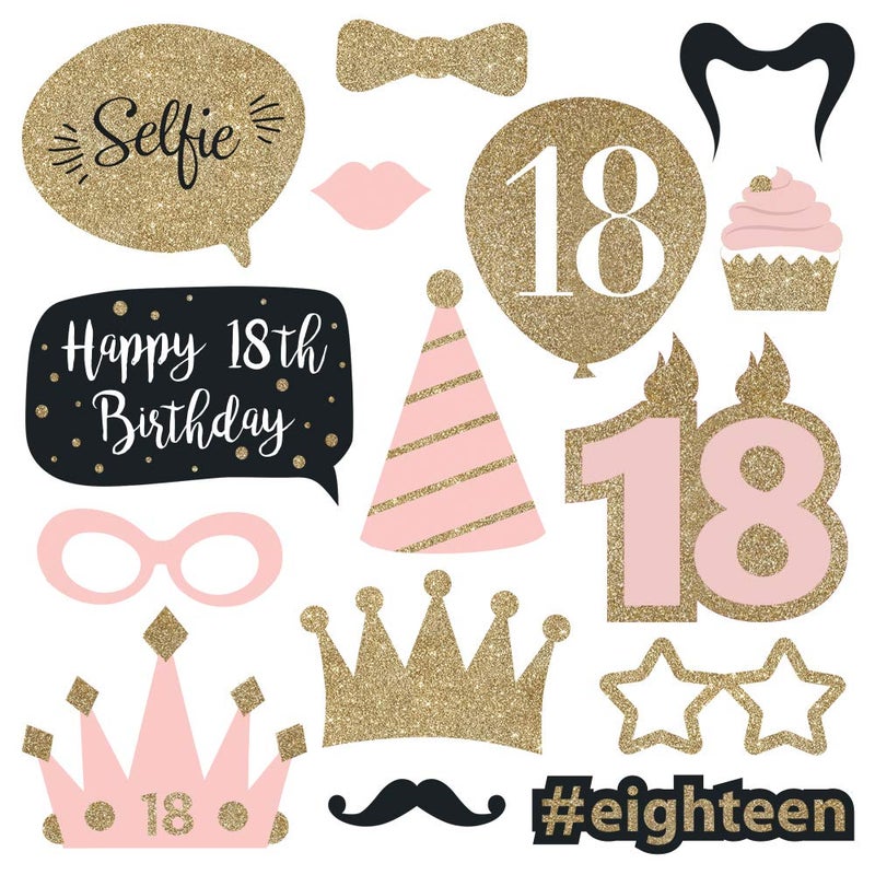 Perfect Occasion Fully Assembled 18th Birthday Photo Booth Props - Set of 30 - Pink & Gold Selfie Signs - 18th Party Supplies & Decorations - Cute Bday Designs with Real Glitter - Did We Mention No DIY - Image 4